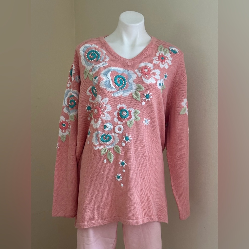 BOB MACKIE Pastel Pink Floral Embroidered Pearl V Neck Knitted Sweater Sz 2X.